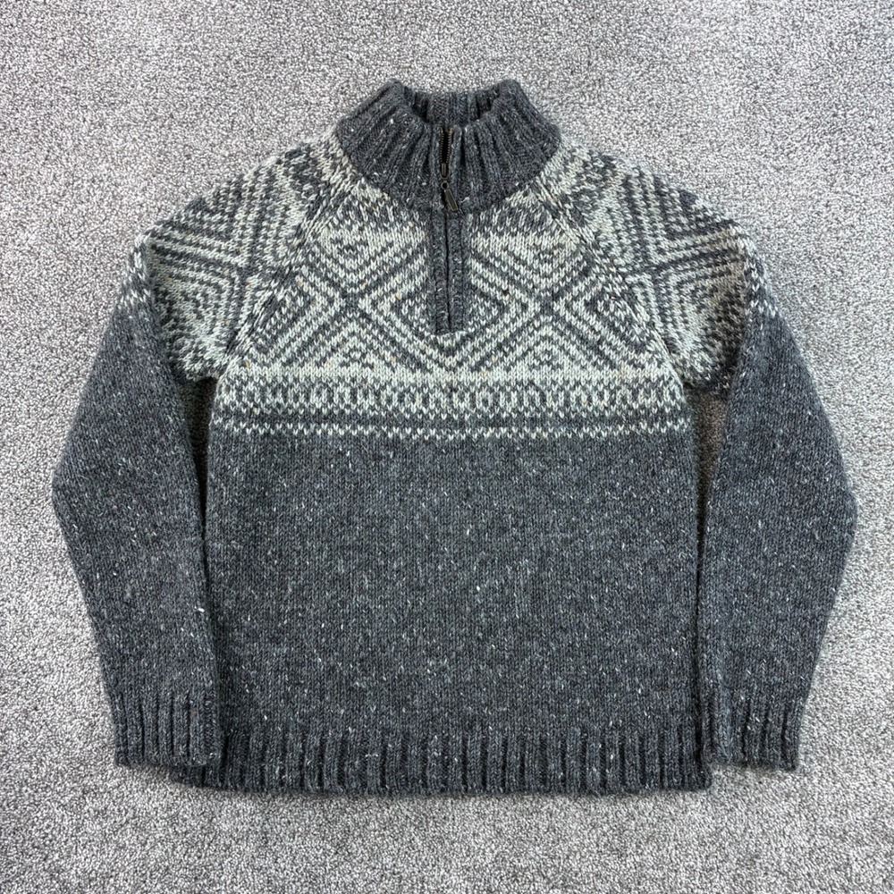Inis Crafts Sweater Womens Large Gray 100% Wool Fair Isle 1/4 Zip Ireland